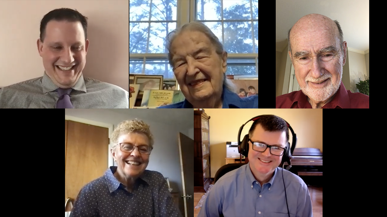 Screenshot of video conference interview with Baird, Goswami, Odell, Dilger, and Herrington.