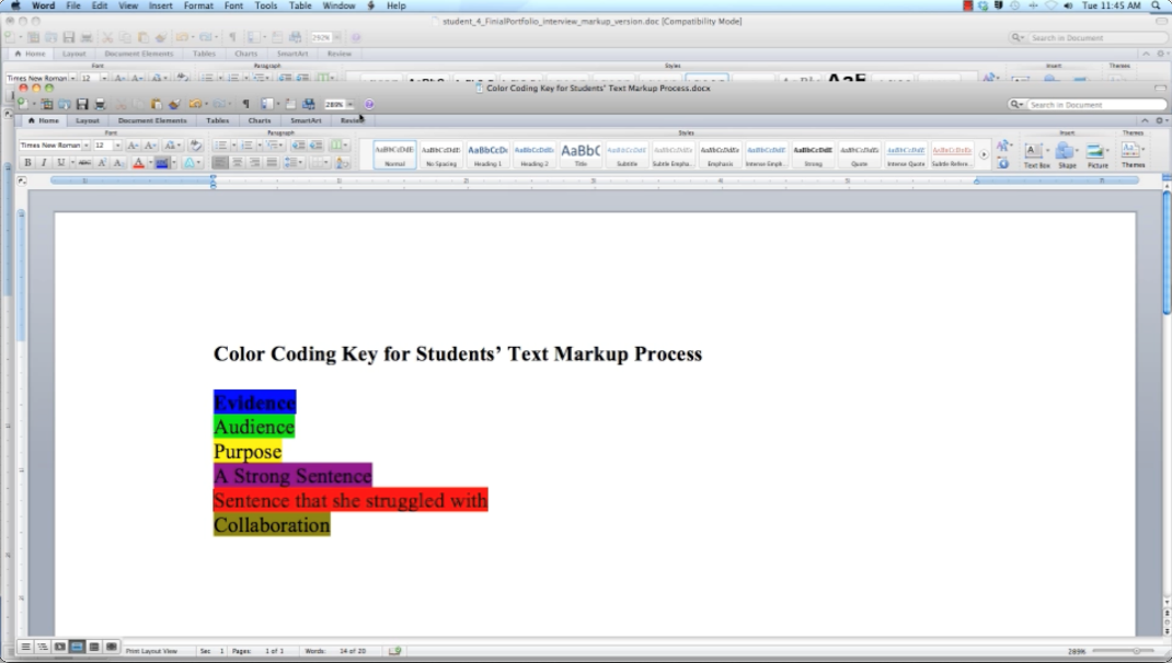 Screenshot of Microsoft Word showing a short document titled 'Color Coding Key for Students' Text Markup Process.' Six codes are visible: evidence, audience, purpose, strong sentence, difficult sentence, and collaboration.