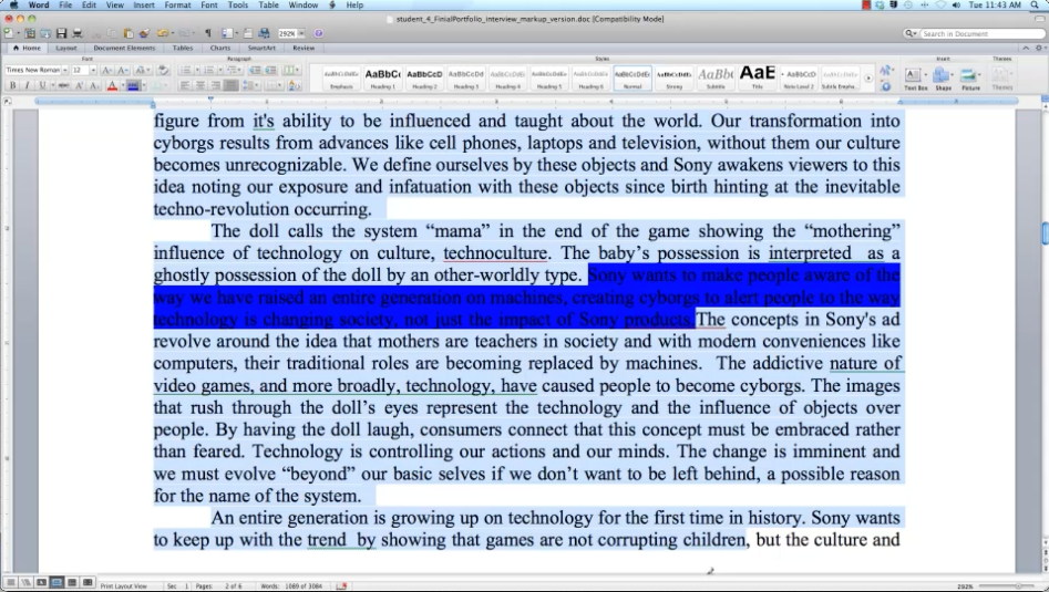 Screenshot of Microsoft Word showing the same single-spaced essay in Figure Two, with the same sentence highlighted in dark blue and multiple sentences before and after highlighted in a lighter blue.