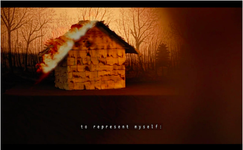 A house made out of pieces of paper. The paper is covered in illegible text and is burnt at the edges. There are outlines of the trees in the background and a shadow covering the right side of the screen. There is text at the bottom that reads: 'to represent myself.'