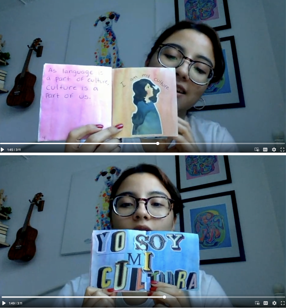 In this photo, Ana shows three pages of her zine. On the first page, she has written, 'As language is a part of culture, culture is a part of us.' On the next page, there is an illustration of a young girl with the words 'I am my culture' written above her head. On the third page, Ana has rewritten this same phrase in Spanish: 'Yo soy mi cultura.'